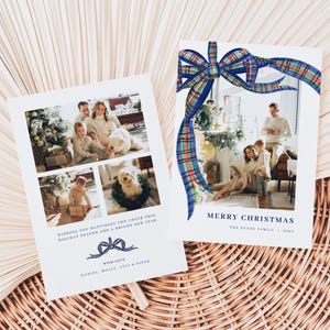 Navy Christmas Plaid Bow Photo Holiday Card Template for 2-Sided Coquette Green Blue Tartan Family Photo Christmas Card | CAMERON Collection