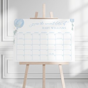 Blue Balloon Baby Shower Guess the Due Date Calendar Game Sign Template for Boy Baby Shower Games Calendar Poster | ILMARI Collection
