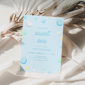 Boy Sweet One First Birthday Party Invitation Template for Blue Valentine Conversation Candy Hearts 1st Birthday Invite | CARON Collection