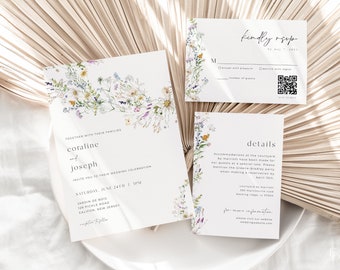 Prairie Wildflower Wedding Invitation Suite Template Editable Floral Wedding Invite RSVP & Details Card Digital Download | CHLOE Collection
