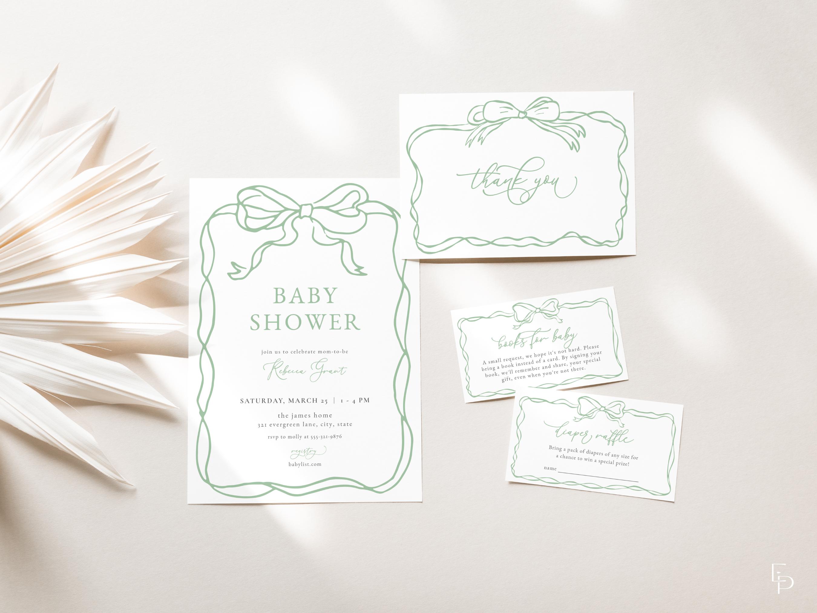 Green Bow Baby Shower Invitation Bundle Template Classic Hand Drawn ...