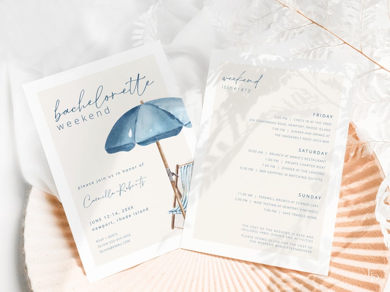 May include: A two-page invitation suite for a bachelorette weekend. The invitation features a watercolor illustration of a beach umbrella and chair. The itinerary lists activities for Friday, Saturday, and Sunday. The text includes the bride's name and event details.