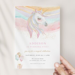 Unicorn Birthday Invitation Template for Girl Gold & Pastel Rainbow Magical Birthday Party Invite | PRIMANA Collection