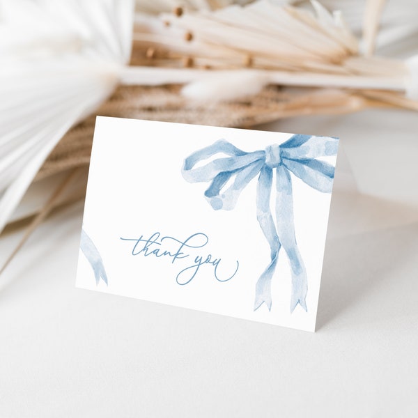 Blue Bow Thank You Card Template for Something Blue Ribbon Bridal Shower | THEODORA Collection