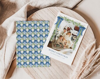 Blue Bow Christmas Card Template for Blue Velvet Bow Garland Christmas Holiday Family Photo Card | NATHANIEL Collection