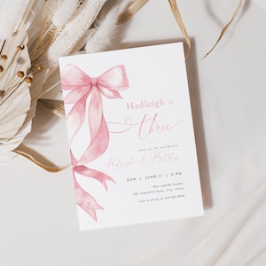 Pink Bow 3rd Birthday Invitation Template for Girl Three Birthday Pink Coquette Bow Third Birthday Invite | ISABELLA Collection