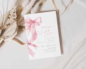 Pink Bow 3rd Birthday Invitation Template for Girl Three Birthday Pink Coquette Bow Third Birthday Invite | ISABELLA Collection