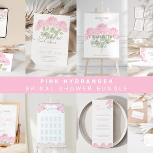 Pink Hydrangea Garden Party Bridal Shower Invite Bundle Template : Invite, Sign, Games, Card, Favor Tag, Menu Template | VINCA Collection
