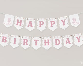 First Rodeo Birthday Flag Banner Template for Wild West Pink Cowgirl Girl 1st Birthday Printable 5x7 Flag Decorations | ANNIE Collection