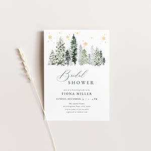 Winter Bridal Shower Invitation Template for Snowflake Flocked Tree Winter Wonderland Bridal Shower Invite | ERYI Collection