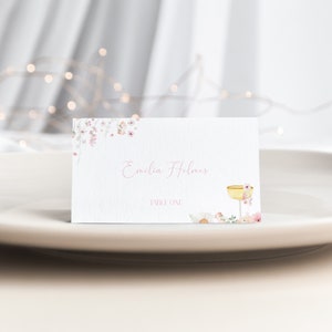 Pastel Pink Floral Petals and Prosecco Place Card Template for Pink Prosecco Name Card or Buffet Card | DELLEN Collection