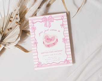 Girls Just Wanna Be One Birthday Invite Template Editable Pink Coquette Bow Retro Cake Girl 1st Birthday Party Invitation | CINDY Collection