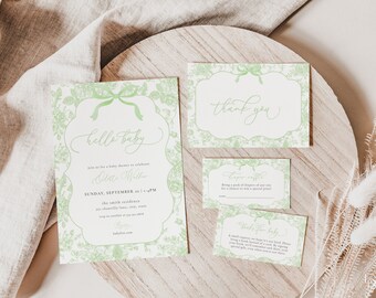 Green Toile De Jouy Baby Shower Invitation Bundle Template, Gender Neutral Vintage Bow Chinoiserie Baby Shower Invite | ADALINE Collection