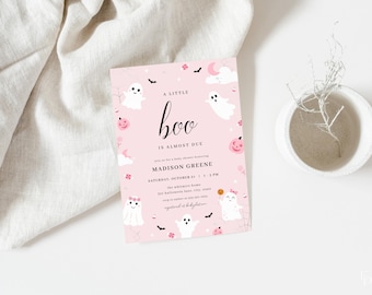 Little Boo Baby Shower Invitation Template Editable Pink Ghost Girl Halloween Baby Shower Invite Digital Download | CELSA Collection