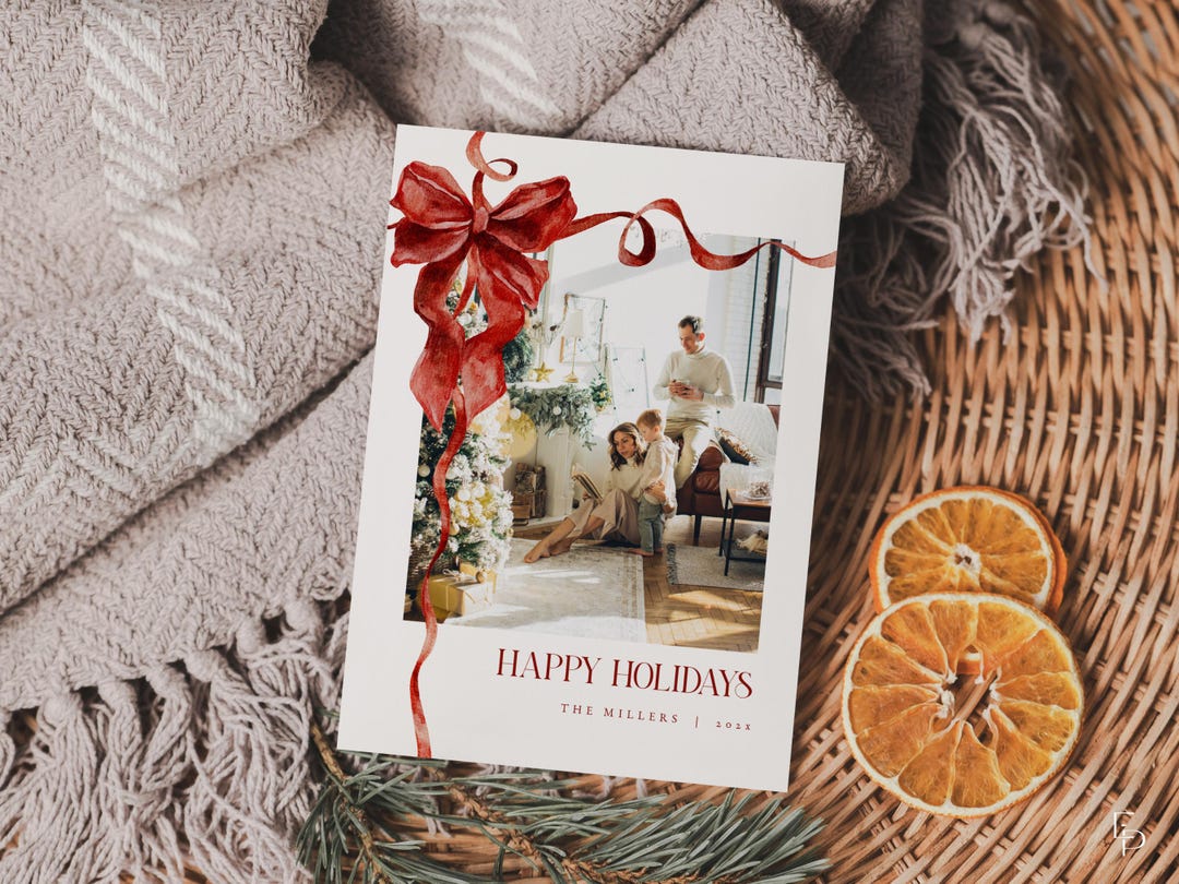 Red Bow Christmas Card Template for Editable Classic Wrapped Present ...