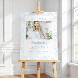 Blue Toile Graduation Party Welcome Sign Template for Photo Grandmillenial Blue Toile de Jouy Graduation Welcome Poster | AKIRA Collection