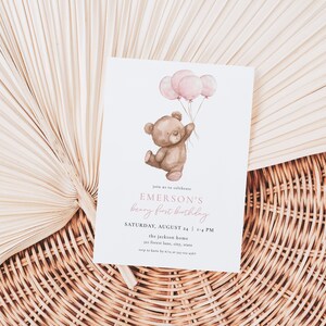 Pink Beary First Birthday Invitation Template for Balloons & Bear Girl 1st Birthday Invite | BERDINE Collection bild 2