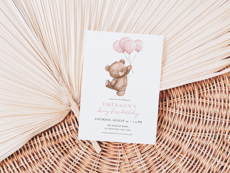 Pink Beary First Birthday Invitation Template for Balloons & Bear Girl 1st Birthday Invite | BERDINE Collection bild 2