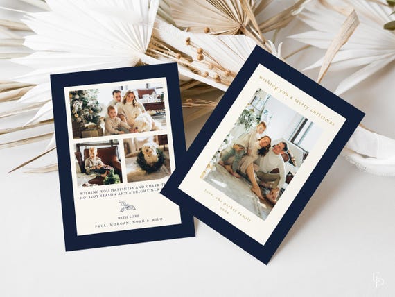 Navy Blue Christmas Photo Card Template for Modern Portrait Family Picture Holiday Card Editable Digital Download | HARMONIA Collection