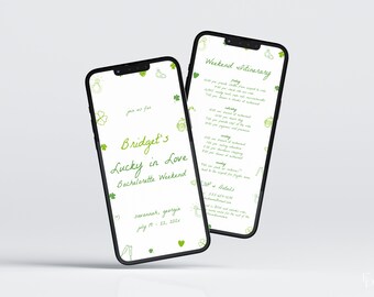 Green Irish Shamrock Lucky in Love Hand Drawn Illustration Bachelorette Weekend Digital Invite and Itinerary Template | FIADH Collection