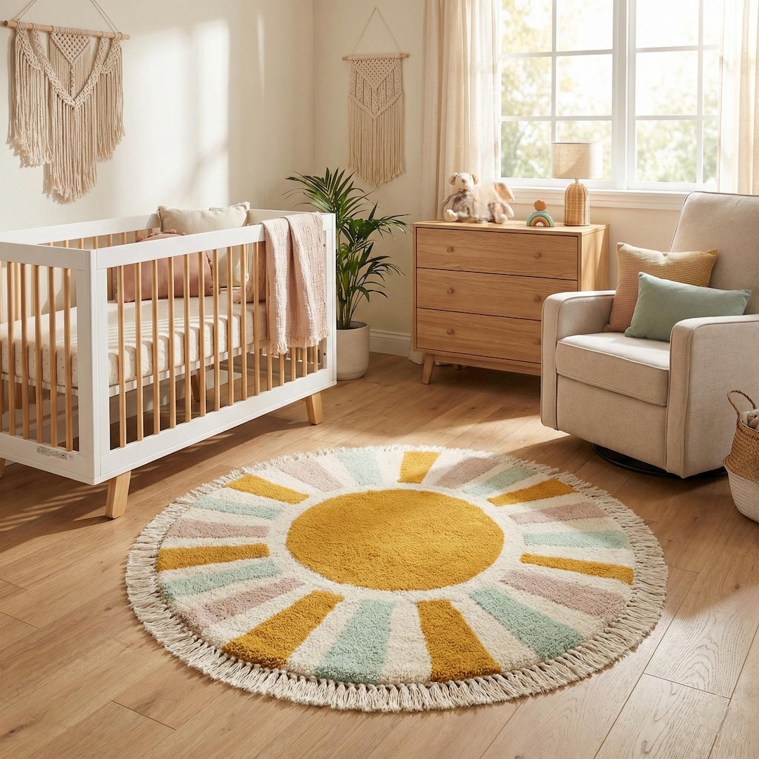 Nursery Rug Texture Sunburst Round Nursery Rug – Soft Pastel Kids Room Carpet With Fringe ...