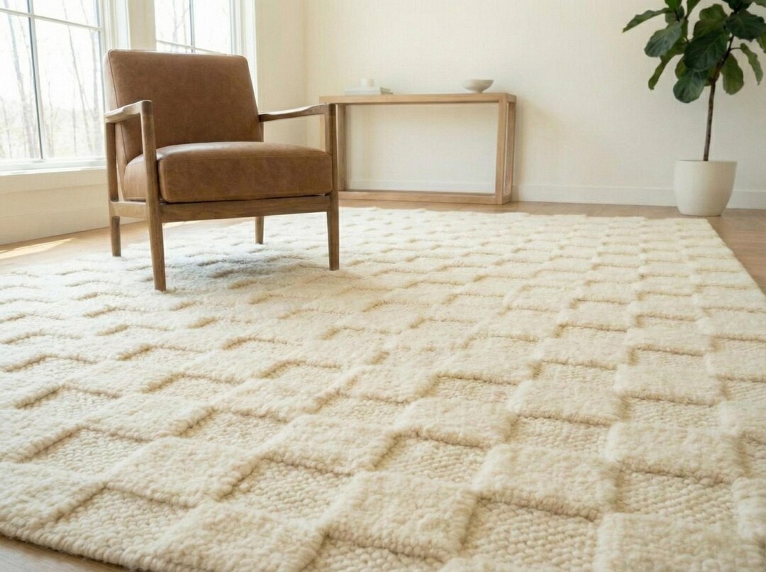 Handwoven Ivory Wool Rug With Subtle Geometric Texture - Etsy