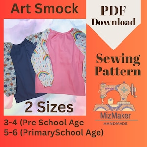 Art Smock Sewing pattern, 2 sizes. Pre School &  School Age. Sewing Pattern PDF Digital - Beginner