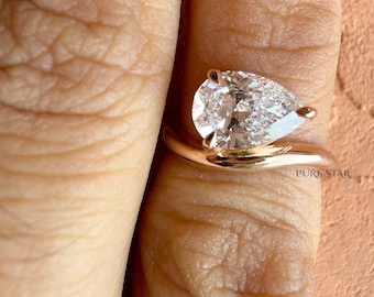 0.50 CT Pear Cut Lab Grown Diamond Engagement Ring, 14k Yellow Gold Pear East West Ring, Pear Shaped Solitaire Diamond Ring Gift for Women