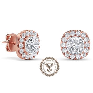 Cushion Cut Lab Grown Diamond Solitaire Earrings, Halo Setting Push Back Studs Earring, Gift For Her, 14K Gold Earrings, Anniversary Gift