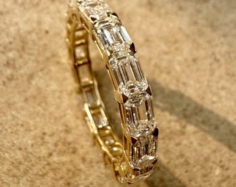 East West Set Emerald Cut Lab Grown Diamond Wedding Band, Shared Prong Diamond Band, Anniversary Band, Full Eternity Stackable Bridal Band