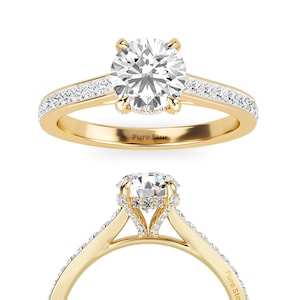 Anello con diamante taglio rotondo creato in laboratorio, anello di fidanzamento con alone nascosto, anello di nozze con pavé, anello di proposta per lei, regalo di anniversario per lei