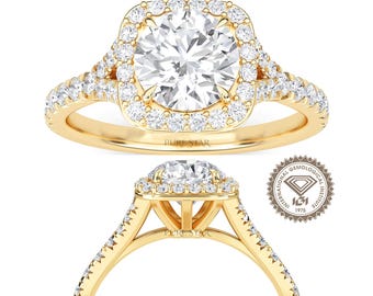 Round Lab Grown Diamond Halo Engagement Ring, Round Cut Proposal Ring, 10K 14K 18K Gold Wedding Ring, Anniversary Gift for Her