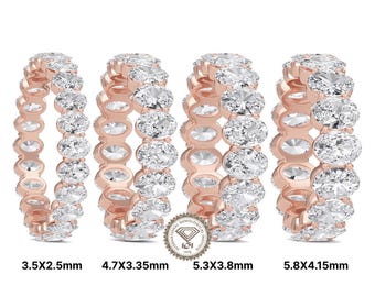 May include: Four rose gold eternity bands set with oval-cut diamonds in varying sizes. The rings are labeled with dimensions: 3.5x2.5mm, 4.7x3.35mm, 5.3x3.8mm, and 5.8x4.15mm. An IGI certification seal is positioned between the second and third rings.