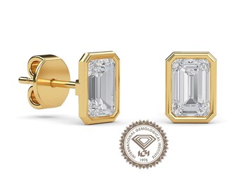 Emerald Cut Diamond Studs Earrings, Solitaire Studs, Bezel Set Stud Earrings, Gold Emerald Cut Earrings, Small Diamond Stud, Gift For Her