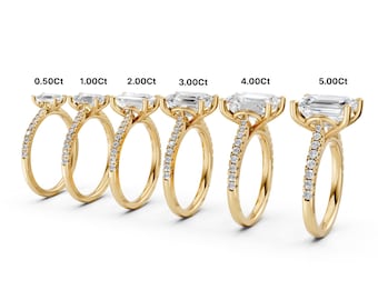 Anillo de compromiso de diamante cultivado en laboratorio o moissanita talla esmeralda, anillo de halo de oro macizo, anillo de boda halo