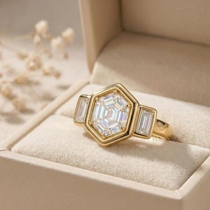 Handmade geometric diamond bridal ring crafted with lab grown diamonds and solid gold.