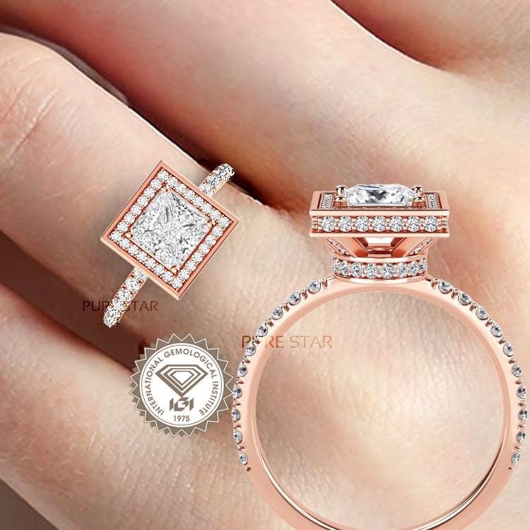 Princess Cut Lab Grown Diamond Ring | Hidden Halo CVD Gold Engagement ...
