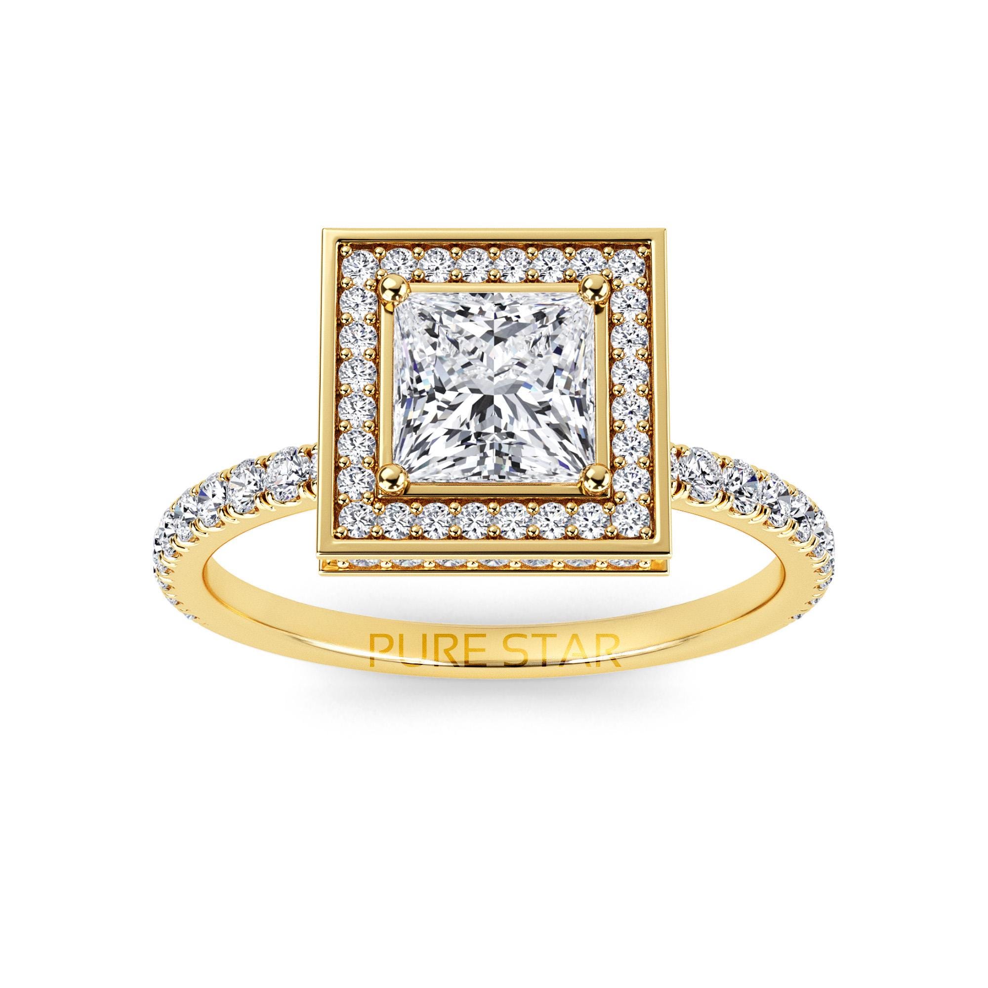 Princess Cut Lab Grown Diamond Ring | Hidden Halo CVD Gold Engagement ...