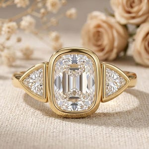 2 carat elongated cushion cut lab grown diamond bezel set trilogy engagement ring with trillion side stones in solid gold