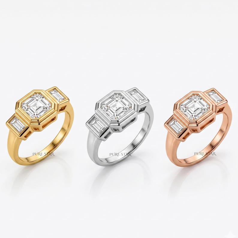 Solid gold bezel set Asscher diamond bridal ring for women.
