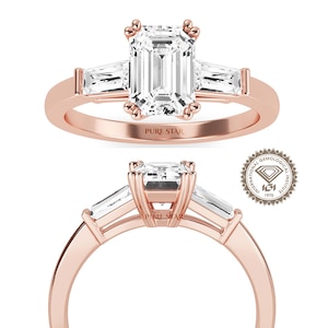 Emerald Cut Lab Grown Diamond or Moissanite Engagement Ring, Three Stone Baguette Gold Ring