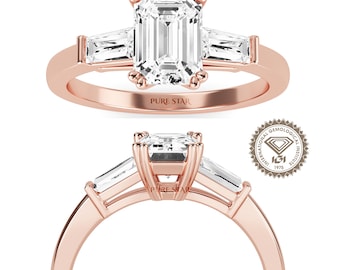 Emerald Cut Lab Grown Diamond Engagement Ring: 14k Gold Three Stone Baguette