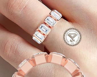 Half Eternity Wedding Band, 14k Gold Bezel Emerald Cut Lab Grown Diamond Wedding Ring, Unique Stacking Band For Her, Anniversary Gift Ring