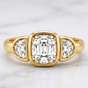 Cushion Lab Grown Diamond or Moissanite Three Stone Ring, Half Moon Bezel Gold Engagement Ring image 4