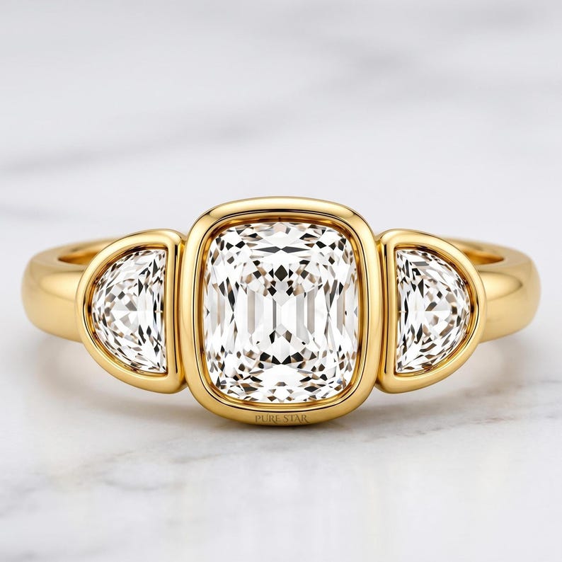Cushion Lab Grown Diamond or Moissanite Three Stone Ring, Half Moon Bezel Gold Engagement Ring image 4