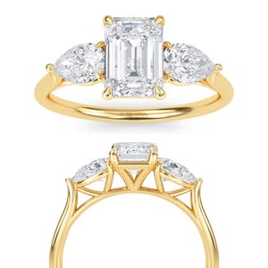 Lab Grown Diamond Ring, 0.50 to 2.00 CT Emerald Cut Lab Diamond Engagement Ring, Three Stone Emerald Cut, Pear Side Sapphire Accents IGI