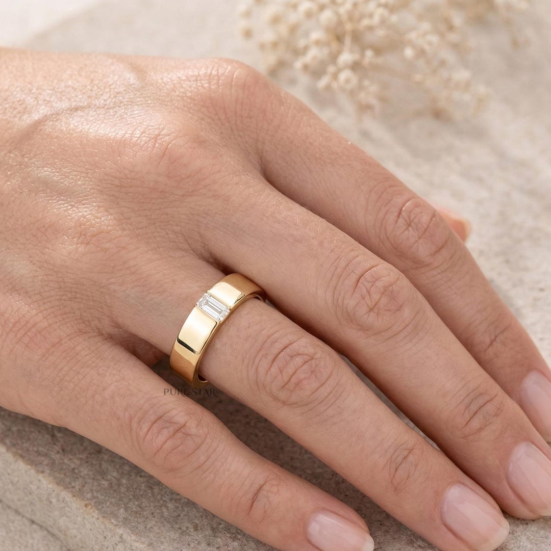 Baguette Cut Lab Grown Diamond Ring, 14K Gold Solitaire Engagement Ring ...