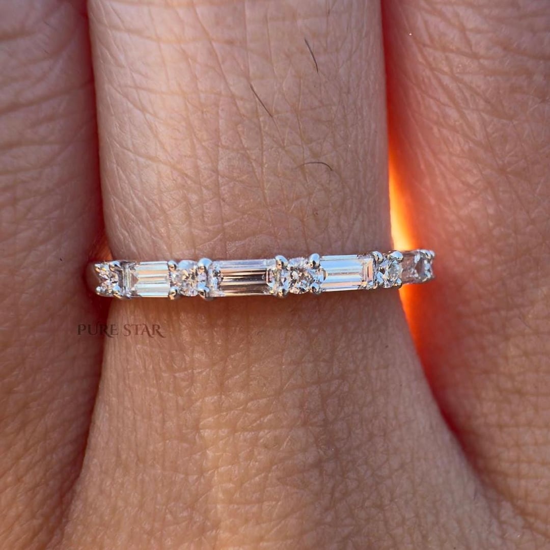 Lab Grown Diamond Half Eternity Ring | Baguette & Round Minimalist Band ...