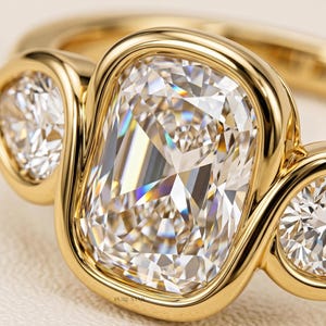 Luxury bridal ring with elongated cushion diamond and pear accent stones.