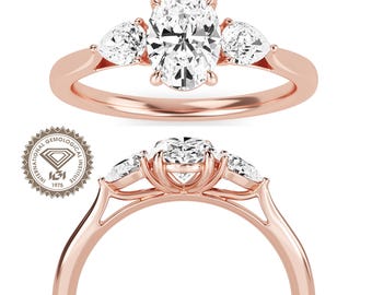 Oval Lab Grown Diamond Three Stone Engagement Ring: 14k Gold Bridal Ring